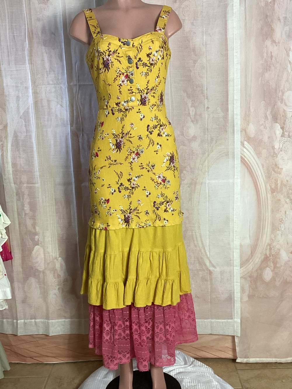 Up cycled by ISH  Yellow Floral Tiered Maxi stretch Dress with Pink Lace Hem L